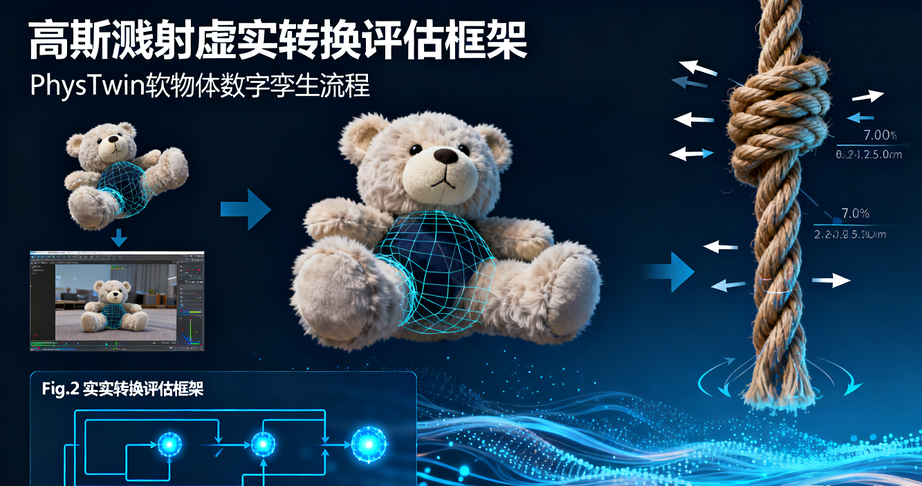 軟物體交互仿真技術研究：高斯濺射+PhysTwin虛實轉換框架，策略評估相關性r>0.9，真實世界預測 100% 靠譜