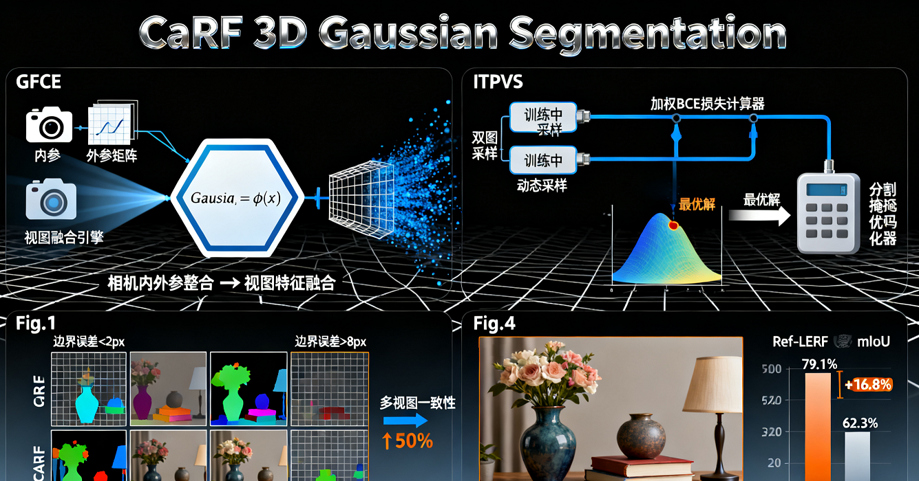 3D高斯指代分割R3DGS多視圖不跑偏的框架研究CaRF：相機感知+雙視圖監督，mIoU最高提升16.8%， artifacts減少50%