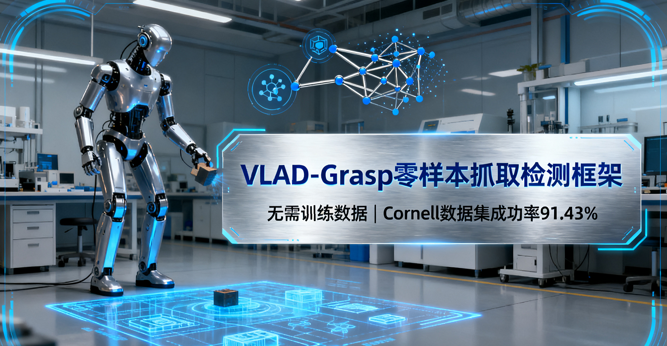 VLM驅動的零樣本抓取檢測框架VLAD-Grasp：無需訓練數據，Cornell數據集成功率達91.43%，適配未知物體與真實場景。