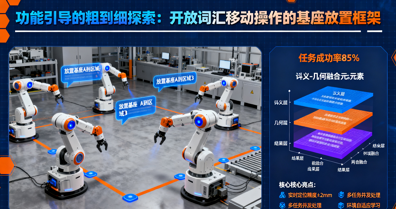 開放詞匯移動操作的零樣本基座放置框架：功能引導粗到細探索，跨模態語義-幾何融合，任務成功率85%，適配開柜子/物品放置等零樣本場景
