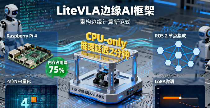 在CPU受限的邊緣機器人上進行高效視覺-語言-動作控制的框架Lite VLA：4位NF4量化+LoRA微調，實現無GPU依賴的本地端到端推理與控制
